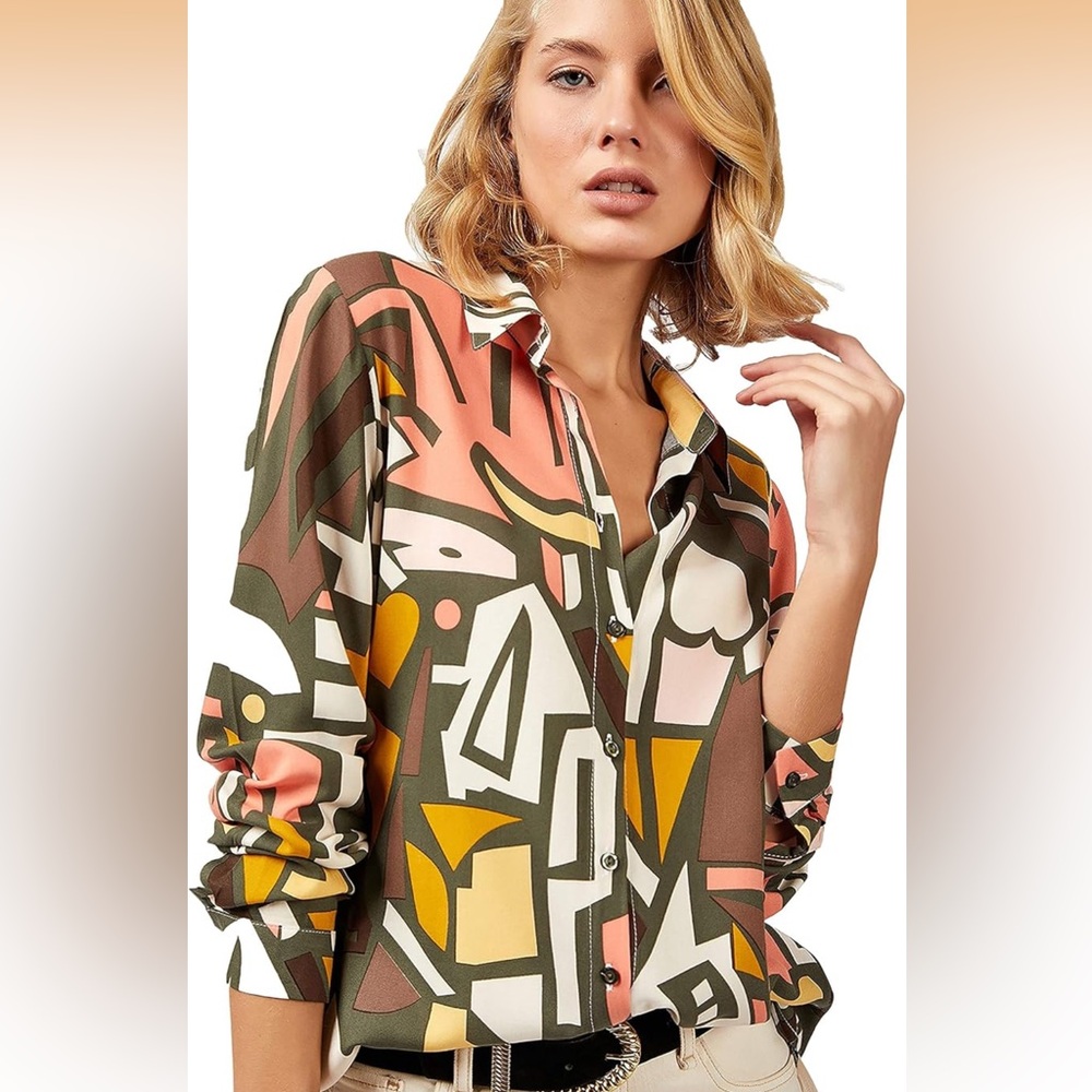 Abstract Print Button-Up Blouse
